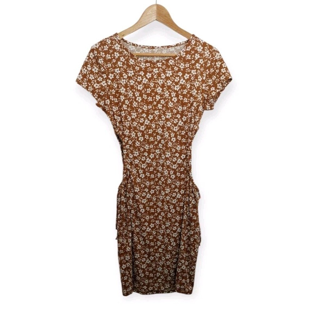See You Monday Junior's Size XL Dress Brown Floral Side Cut Outs Fitted